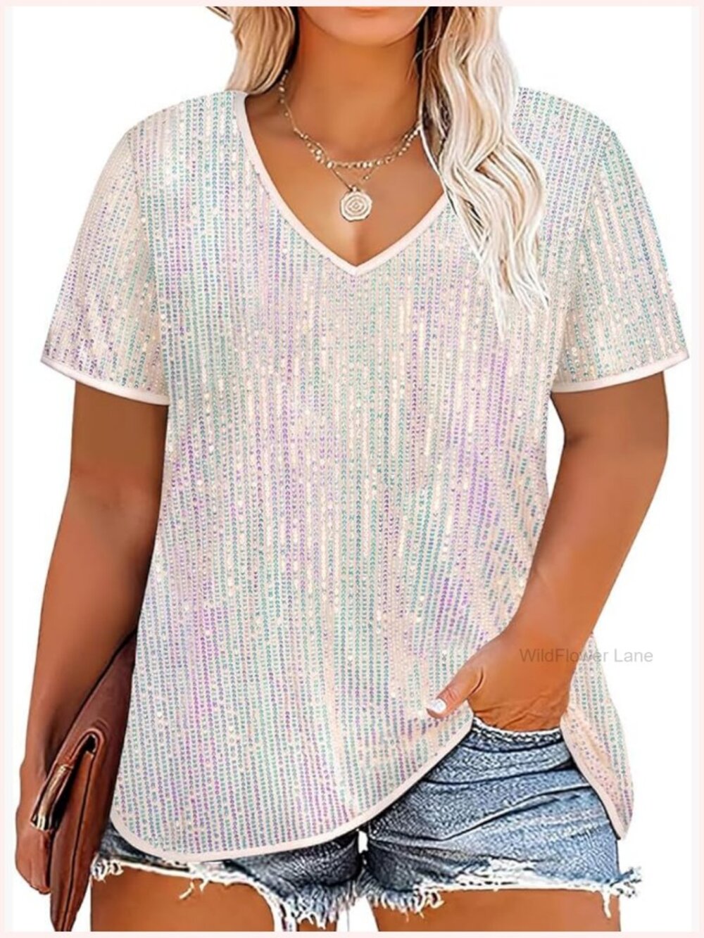 Plus Size Sequin Top Short Sleeve V Neck Party Blouse Sparkly Shirt Women Tunics